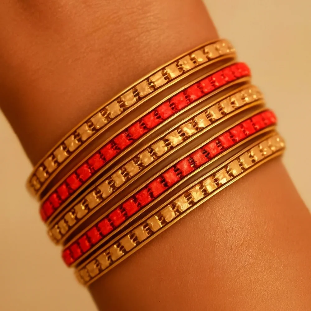 Women's Stunning Set of 5 Dainty Gold & Red Colors Bangle Bracelets Jewelry